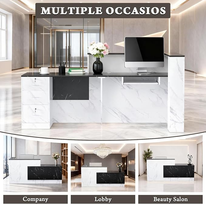 L-Shaped Large Wooden Reception Desk, Modern Front Desk Reception Counter with Lockable Drawers, Storage & Keyboard Tray for Office Lobby Checkout (Right-Black & White, 71''L x 42''W x 41''H)
