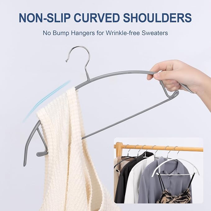Sweater Hangers No Shoulder Bump, Non-Slip Rubber & Rust-Free Metal | Heavy Duty and Ergonomic Curved for Closet Clothes like Suits Coats Pants Dresses or Shirts, Set of 5, Gray Coated