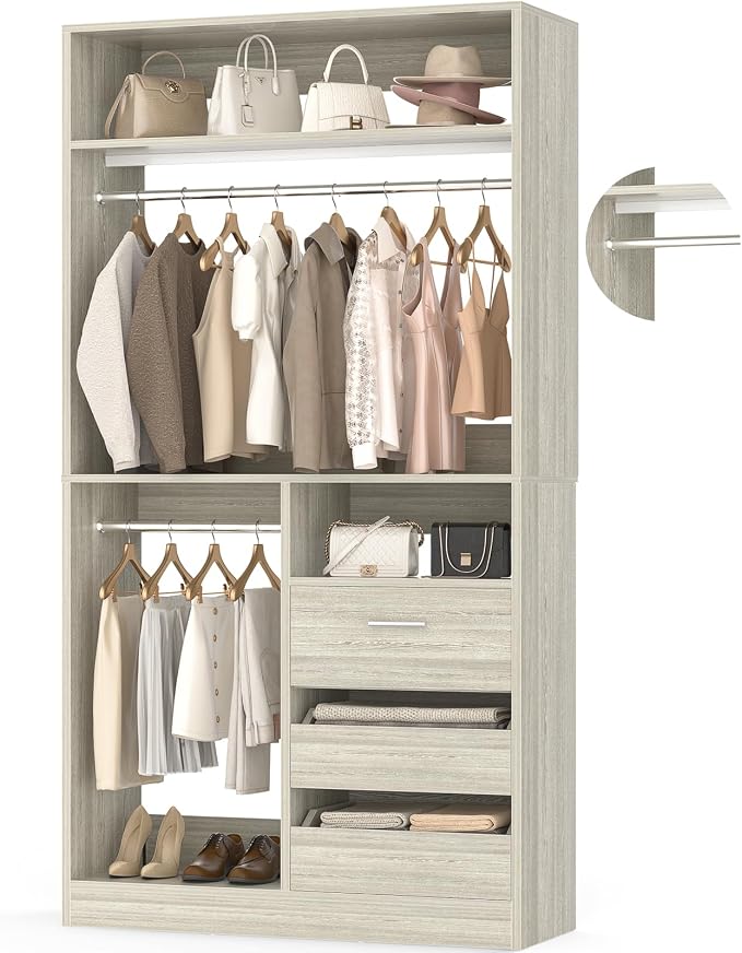 36 Inches Modular Closet Drawers System with Long Hanging Rods, 3FT Wood Closet Organiser with 3 Drawers, Walk-in Freestanding Wardrobe Storage Cabinet with 4 Shelves, White Oak (36"L x 15" W x 80" H)