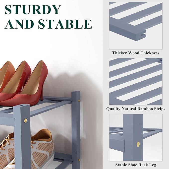 Smiry Small Bamboo Shoe Rack, 3 Tier Free Standing Wooden Shoe Organizer, Stackable Wood Shoe Storage Shelf for Closet, Entryway, 12 Vertical Slats, 2+1 Stack Standard Legs, 17.3"x11"x19.5", Grey