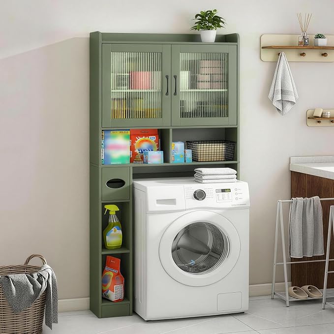 Vabches Over-The-Toilet Storage Cabinet, Farmhouse Style with 2 Acrylic Waves Doors, Space-Saving Home Storage Rack for Restroom, Bathroom and Laundry Room. Green