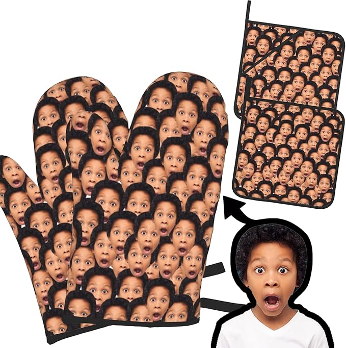 Custom Oven Mitts and Pot Holders Personalized with Your Face, Baking Gifts for Women for Kitchen Cooking, BBQ, Grillin-Style1, 2 Oven Mitts+ 2 Pot Holders