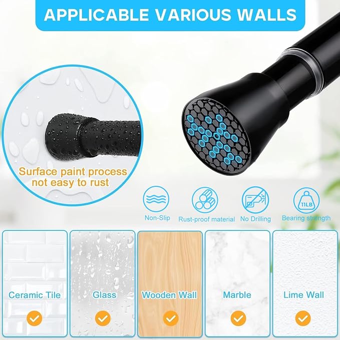 4 Pack Black Tension Curtain Rod 30 to 64 Inch,Adjustable Curtain Rod,Shower Tension Curtain Rod No Drilling,7/8" Spring Curtain Rods for Windows Closet Doorway Door