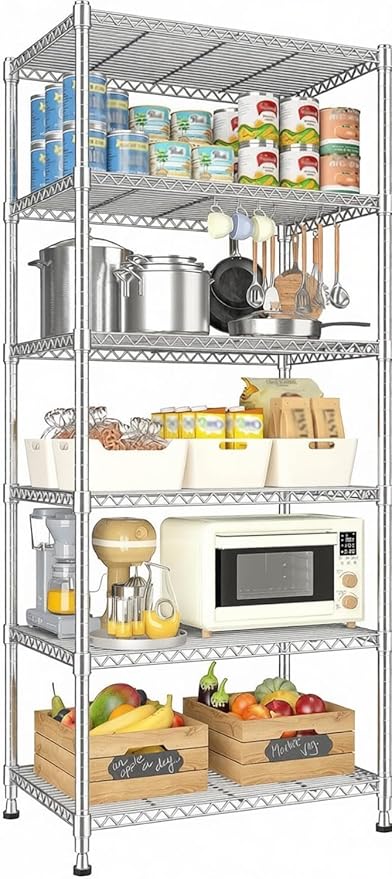Xcity Storage Shelves, 6 Tier Heavy Duty Metal Shelving Unit, 2400 LBS Adjustable Steel Wire Shelf for Commercial, Pantry, Kitchen, Garage, 14" D x 30" W x 70" H, Chrome