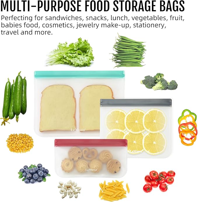 LeMuna 12 Pack Reusable Food Storage Bags with Baggy Rack (4 Gallon Freezer Bags, 4 Reusable Sandwich Bag, 4 Reusable Snack Bags), Food Grade Reusable Freezer Bags BPA Free, PEVA Leakproof | BPA Free, Leakproof, Food Grade, Freezer Safe Bags, Reusable