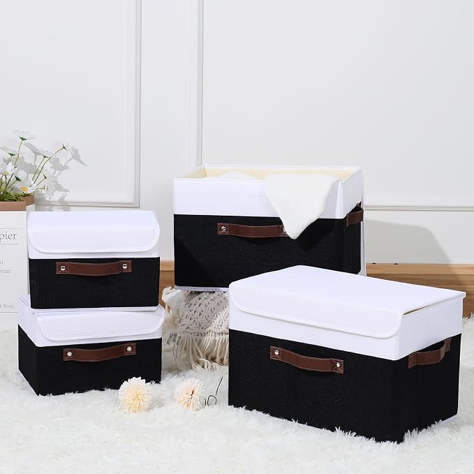 ANMINY 2PCS Storage Boxes with Lids Washable Decorative Storage Bins Basket with PU Leather Handle Foldable Linen Fabric Storage Cubes Containers for Home Closet Organizer - Black White, Medium