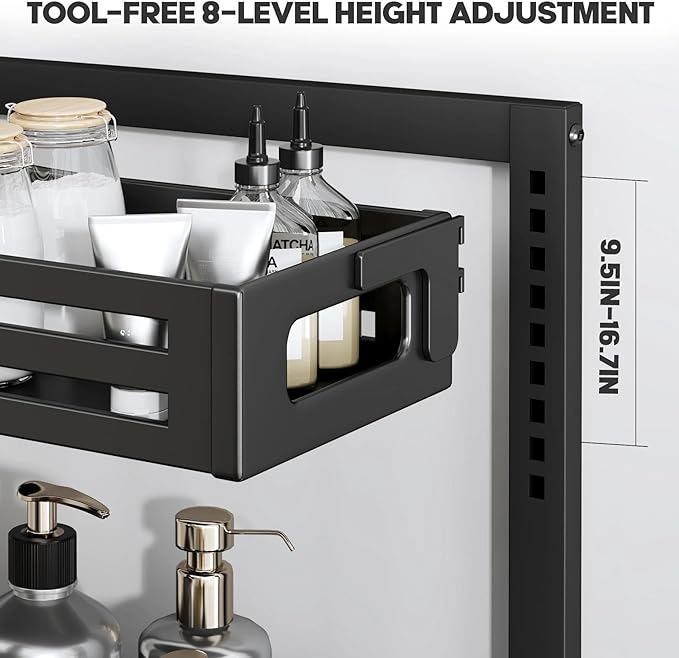 2 Pack 19IN-Depth Under Sink Organizer,Pull Out Cabinet Organizer With Smooth Cylindrical Rail,Metal Slide Out Drawer for Kitchen Bathroom Laundry,8-Level Tool Free Height Adjustable-Black
