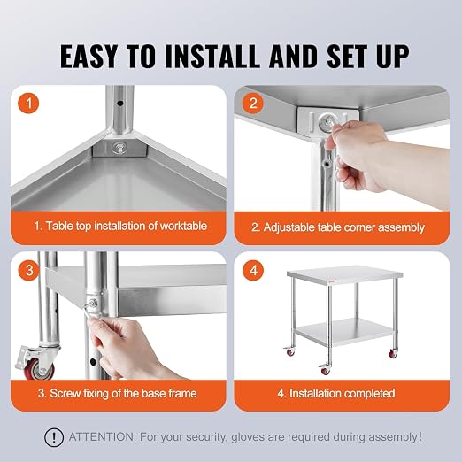 Vevor 30x36x34 Inch Stainless Steel Work Table 3-Stage Adjustable Shelf with 4 Wheels Heavy Duty Commercial Food Prep Worktable with Brake for Kitchen Prep Work