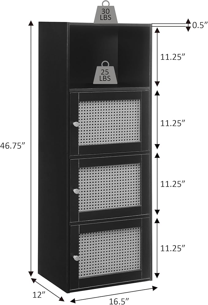Convenience Concepts Xtra Storage Boho Weave 3 Door Cabinet 16.5" - Modern Rattan Organizer with Shelf for Living Room, Bathroom, Office, Home Library, Closet, Black/Beige Barley