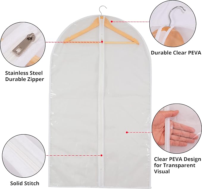 Clear Garment Bags for Long Gowns, Vinyl Dress Storage Bags, Zippered Plastic Protector for Dresses, 24"x60", 12 Pack