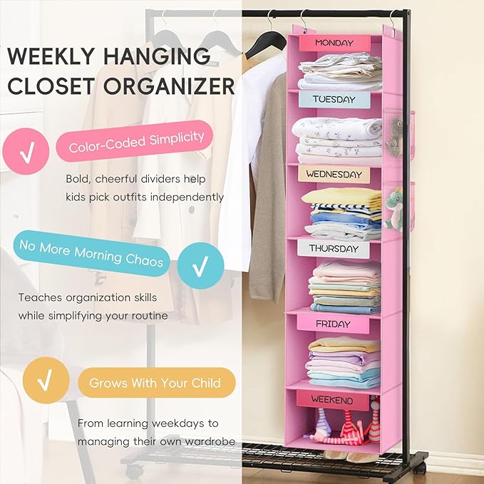 VERONLY Weekly Hanging Closet Organizer for Kids, 6-Shelf Clothes Storage with Labeled Days of The Week Monday Through Friday, Weekday and Weekend, Days of the Week Clothes Organizer