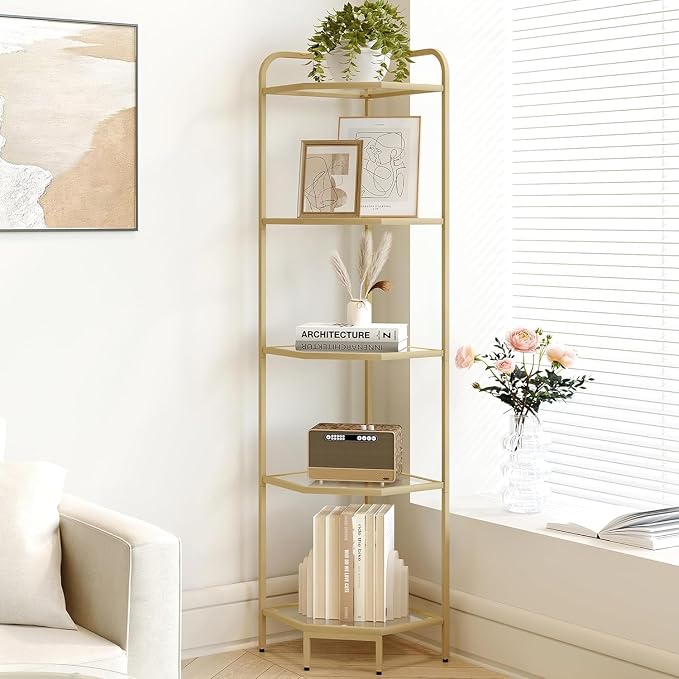 Hzuaneri Corner Shelf Stand, 5-Tier Glass Bookshelf Bookcase, Bathroom Organizer, Plant Stand, Steel Frame, Tempered Glass, Modern Style for Living Room, Bathroom, Kitchen, Golden CS90200G