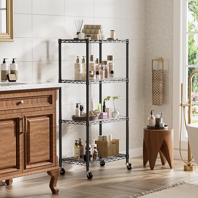 Golpart Shelves Storage Shelf Wire Closet Bathroom Organizers Metal Pantry | 4 tier Kitchen Garage Shelving Unit Laundry Room Organization Home Rack Net Basket Black with Wheels 14”D X 24”W X 48.9”H