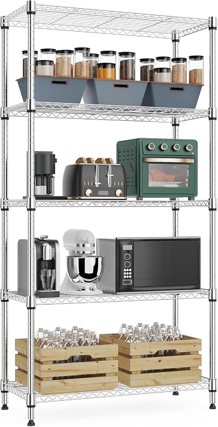 Xcity Storage Shelves, 5 Tier Heavy Duty Metal Shelving Unit, 2000 LBS Adjustable Steel Wire Shelf for Commercial, Pantry, Kitchen, Garage, 14" D x 30" W x 60" H, Chrome
