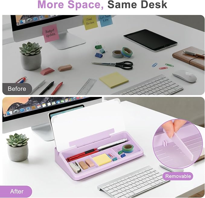 Small Desktop Glass Whiteboard with Storage, Desk White Board Stand Purple | Computer Keyboard Stand, Office Desk Organizers and Accessories with Drawer, To Do Memo Notepad, Home School Supplies