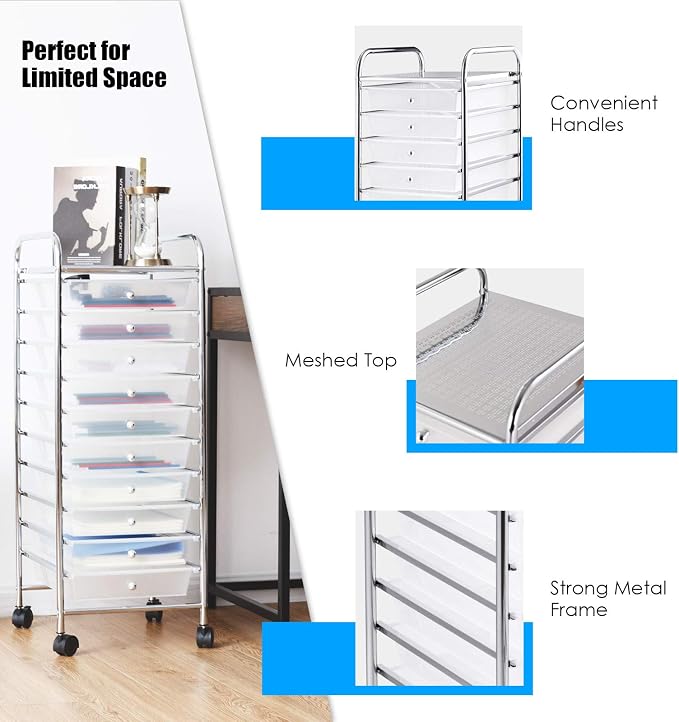 Happygrill 10-Drawer Storage Cart, Utility Cart with Removable Drawers & Metal Frame, Rolling Storage Cart with Lockable Wheels for Home, Office, Clear
