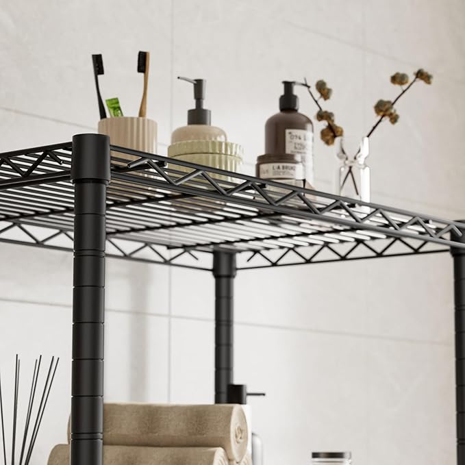 Golpart Shelves Storage Shelf Wire Closet Bathroom Organizers Metal Pantry | 4 tier Kitchen Garage Shelving Unit Laundry Room Organization Home Rack Net Basket Black with Wheels 14”D X 24”W X 48.9”H