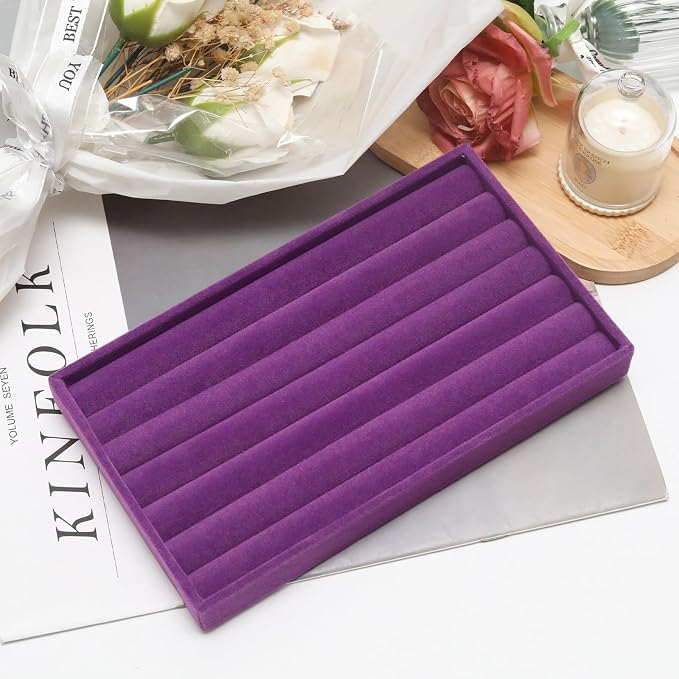 Velvet Jewelry Trays for Drawers, Purple Stackable Jewelry Drawer Organizer Inserts, Ring Earring Necklace Bracelet Holder Organizer Storage Display Tray with Removable Dividers, 8 Rolls