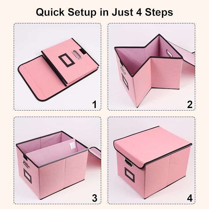 File Storage Box with Lid, 15.55x12.87x10.43 Inches, Foldable Organizer with Handles & Label Slot, for File Storage, Home, Office, and Closet Organization(4 Packs, Pink)