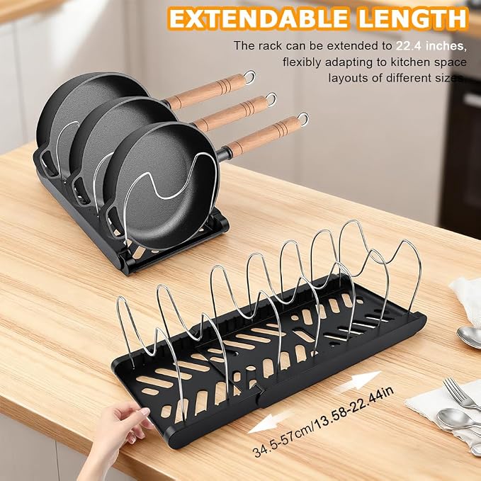 Pot and Pan Organizer, Expandable Pan Organizer for Cabinet, Pot Lid Holder with 10 Adjustable Compartments for Kitchen Cabinet Cookware Baking Frying Rack(Black)