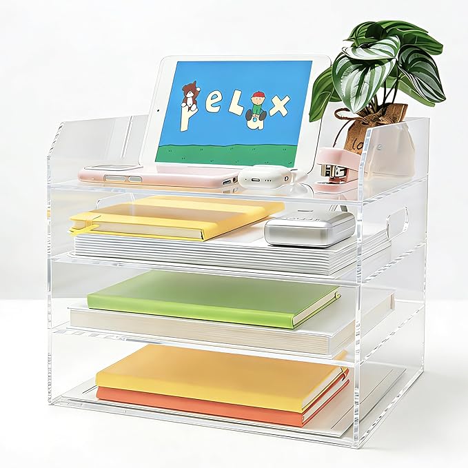Paper Tray Organizer for Desk, 4 Tier Acrylic Desk Organizers and Accessories, One-Piece Integrated A4 Paper Organizer with Handles, Crystal-Clear Letter Tray & Office File Holder, Books Notes