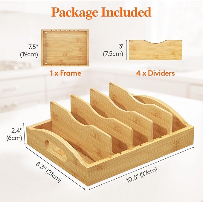 Lifewit Bamboo Lid Organizers for Inside Cabinet, Food Storage Container Lid Holder with 4 adjustable Inserts & 5 Sections, Kitchen Pantry organizer and storage, 10.6" X 8.3"