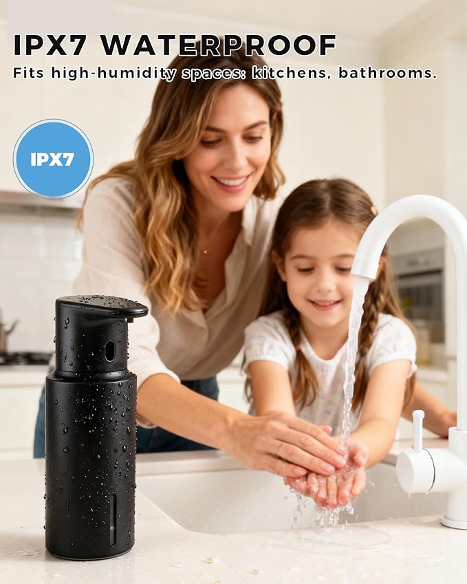 Automatic Liquid Soap Dispenser Touchless, 304 Stainless Steel Bottle Body | 16.2oz/480ml Rechargeable, 3 Adjustable Liquid Levels, IPX7 Waterproof, for Kitchen Bathroom, Black