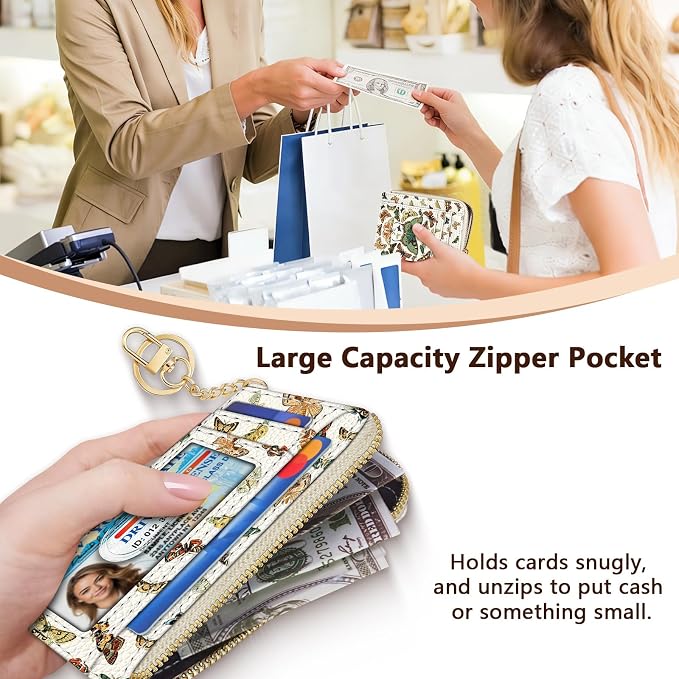 GIANCOMICS Slim Wallet Credit Card Holder Women, Butterfly Rfid Blocking Small Card Case, Keychain Thin Pocket Curved Zipper Wallet, Travel Card Holder PU Leather ID Window, Ladies Female Gifts