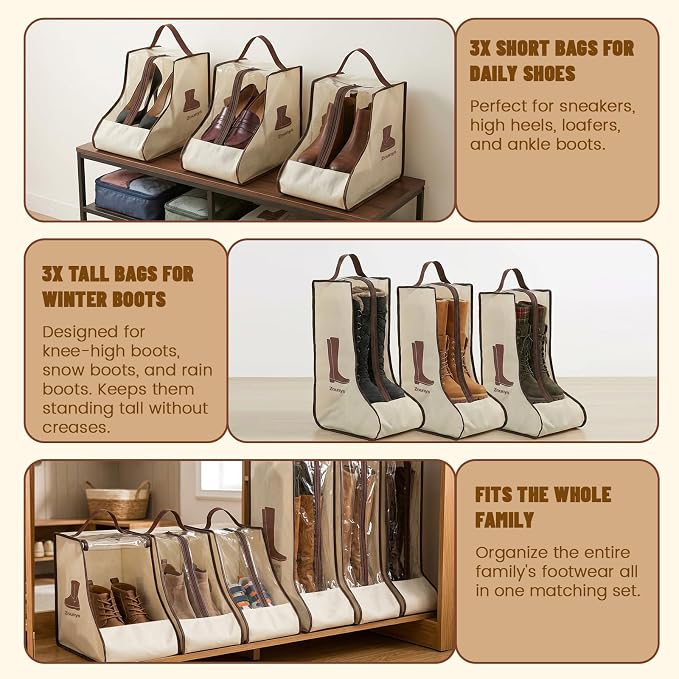 6Pack Boot Storage Bag, Portable Dust Proof Boot Bags for Cowboy Boots, Handle Boots Organizer, Tall Boot Storage Cowboy Boot Bag & Boot Storage Bag for Travel, Suitable for Travel and Daily Use ﻿