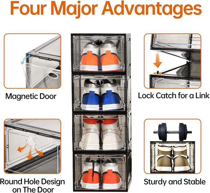 Amllas 12 Pack Shoe Boxes Stackable,Upgraded Sturdy Shoe Storage Boxes with Clear Magnetic Door,Multifunctional Sneaker Storage, Shoe Box Organizer Fit up to US Size 12 Gray(13.8”x 9.84”x 7.1”)