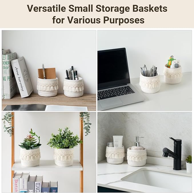 Mkono Macrame Makeup Brush Holder, Boho Mini Storage Basket Set of 2 Ivory | X-Small 3.9"W x 3.9"H, Decorative Basket, Comb Pens Tiny Succulents Holder, Bedroom Vanity Living Room Bathroom Dorm Office