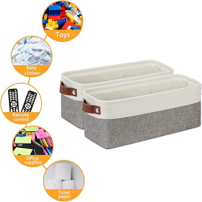 DULLEMELO Small Storage Baskets 15"x6"x5.5", Fabric Storage Bins for Toilet Tank Top [2 Pack], Back of The Toilet Basket (White&Grey)