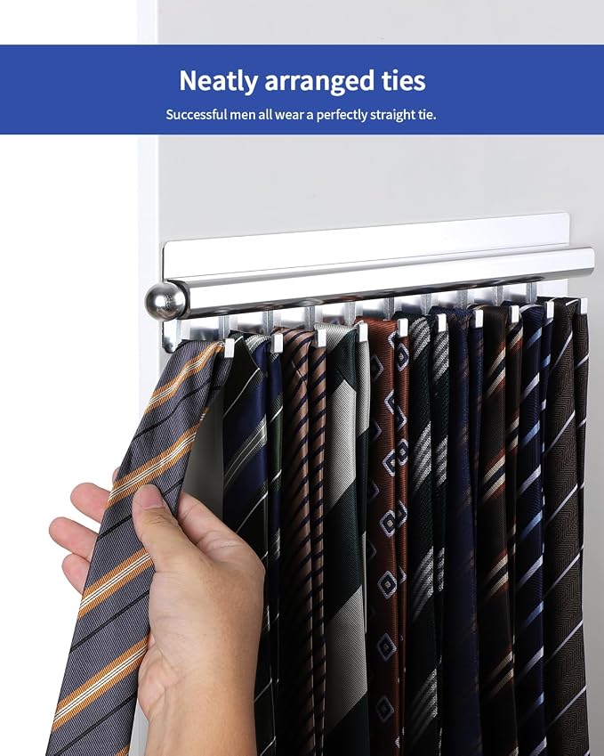 BaiNong Adhesive Valet Rod for Closets Pull Out 16.5" Silver with 10 Hooks | Multifunctional Closet Valet Rod Slide Out for Closets Belt Organizer for Closet Tie Rack Hanger for Closet Space-Saving