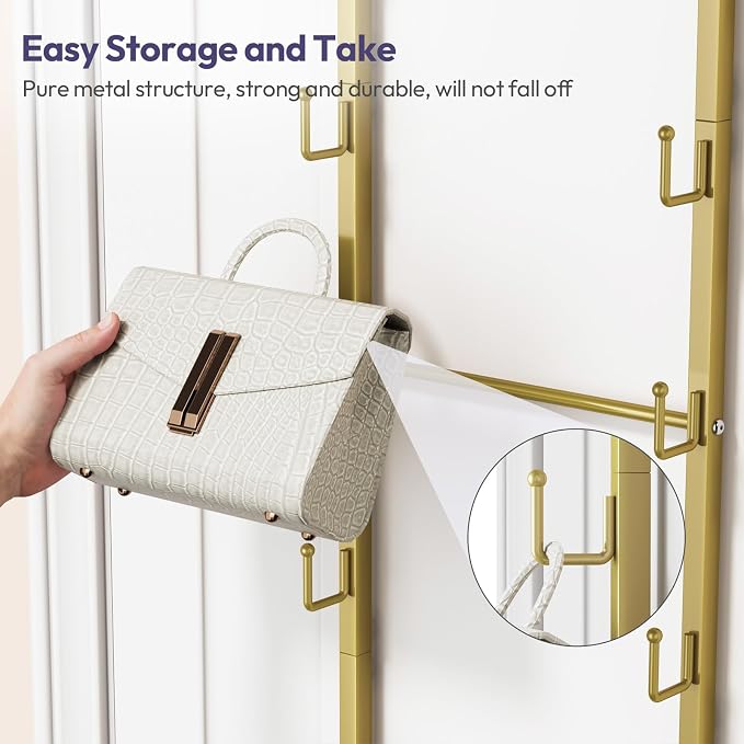 SWTYMIKI Over the Door Purse Organizer - Wall Mounted Handbag Organizer with 10 Hooks and Metal Basket, Hanging Purse Storage Rack Holds up to 10 Bags, Bag Rack Can Use As 1/2 Part, for Door, Closet