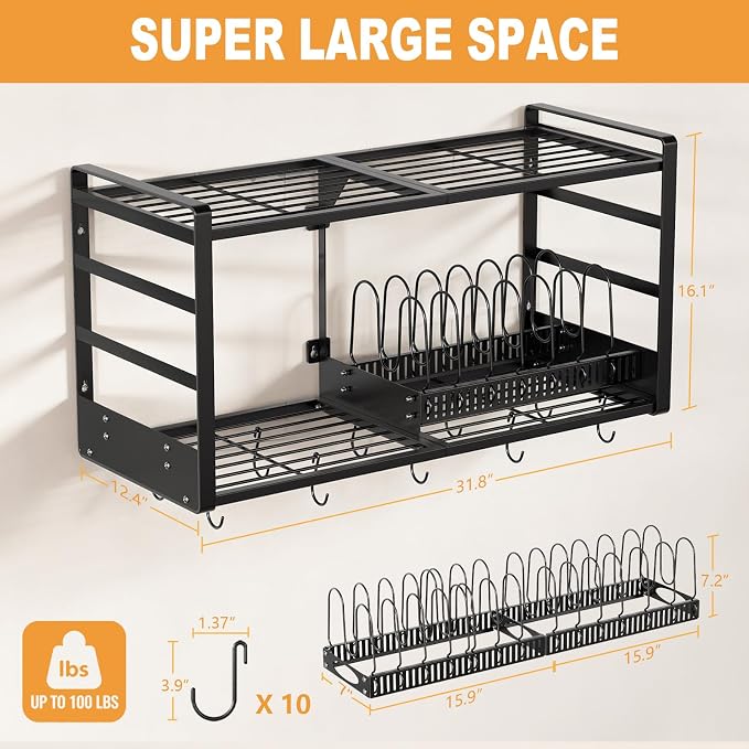31 Inch Pot Rack Wall Mounted, 2-Tier Pots and Pans Organizer with 20 Hooks & Pan Organizer and Spice Rack, Heavy Duty Hanging Pot Hanger for Kitchen (with Multi Slots & Pot Lid Holder)