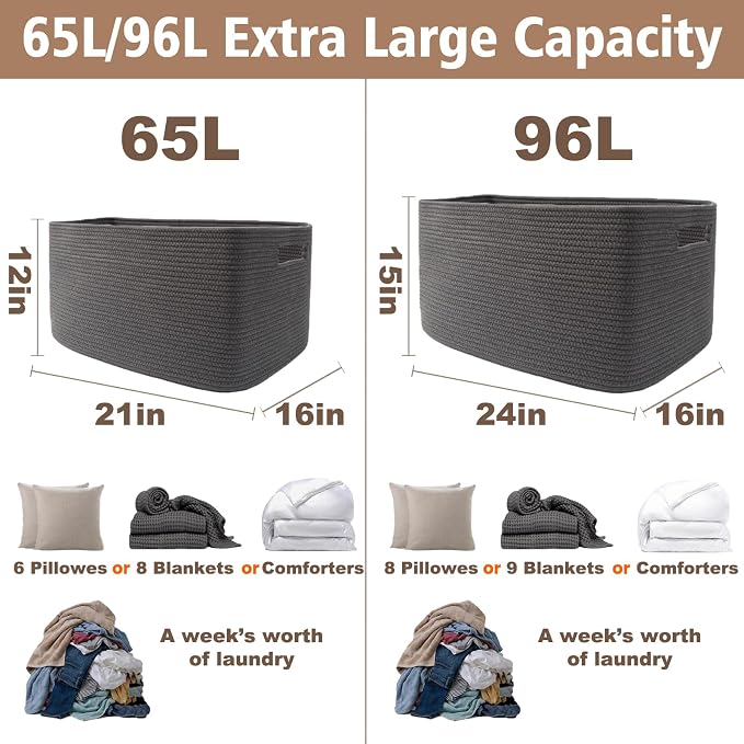 JMvicyroam Woven Blanket Basket,65L Large Storage Bin for Blankets Toys Clothes,Decorative Rope Basket for Living Room Bedroom with Handles, Grey