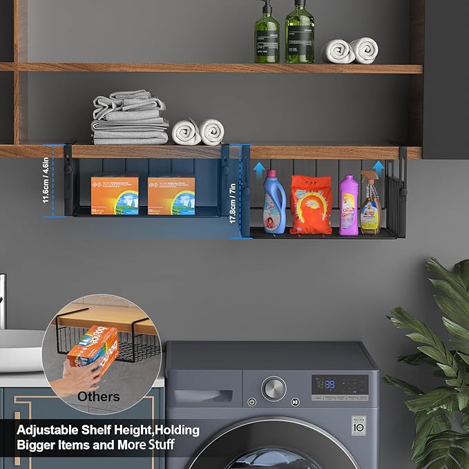 AmonHouseware 2Pack Under Shelf Storage Basket Organizer, Black | Adjustable Hanging,Under Cabinet Add-on, Slide-in Baskets, for Laundry Room Kitchen Pantry Desk Bookshelf Counter Cupboard