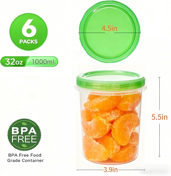 Airtight Food Storage Containers, 6 Pack 32 Oz, Leakproof, BPA-Free, Stackable Kitchen & Pantry Organizers for Dry Food, Meal Prep, Snacks, Leftovers, Microwave, Dishwasher and Freezer Safe