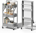 Foldable 3 Tier Metal Utility Rolling Cart, Folding Mobile Multi-Function Storage Trolley Organizer Cart for Home Library Office(Grey)