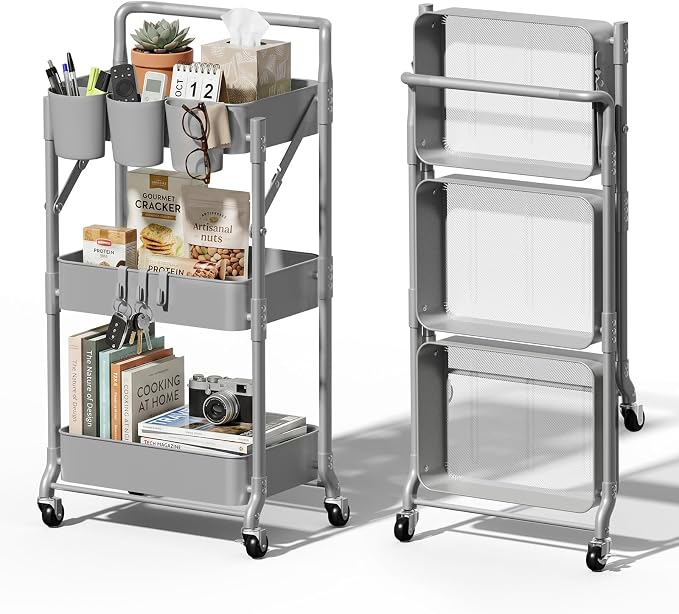 Foldable 3 Tier Metal Utility Rolling Cart, Folding Mobile Multi-Function Storage Trolley Organizer Cart for Home Library Office(Grey)