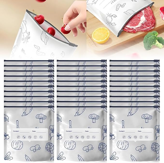 Reusable Aluminum Foil Sealable Storage Bags, Vacuum Zipper Pouches with Label and Stand Up Bottom Design, Leakproof Durable Food Storage Bags for Vegetables Fruits Meat (30, Medium)