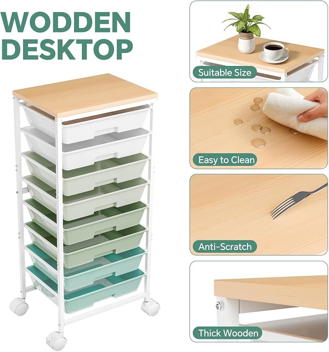Ekisemio Utility Cart Organizers with Wheels and 8 Drawers, Little Rolling Craft Cart with Wooden Tabletop for Classroom, Office, Living Room, Craft Room, Green