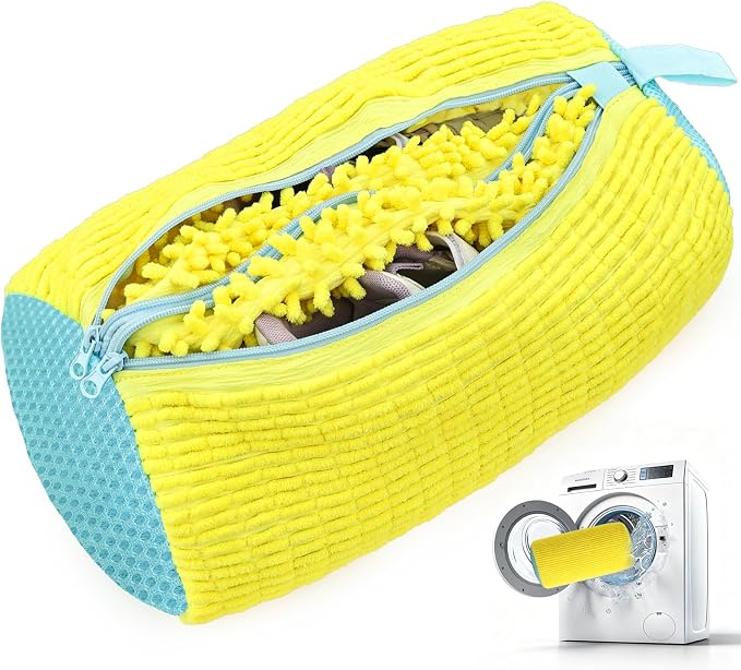 Dual Independent Compartments Shoe Washing Bag for Washer Dryer, Chenille Reusable Laundry Shoe Cleaner Bag for Sneakers Tennis Shoes, Yellow