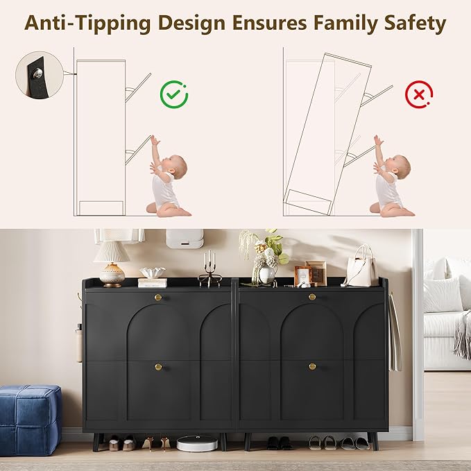 iPormis Shoe Cabinet with 2 Flip Drawers, Slim Shoe Storage Cabinet for Entryway, Narrow Shoe Organizer with Top Shelf, Side Hooks and Metal Legs, Hidden Shoe Rack for Hallway, Black