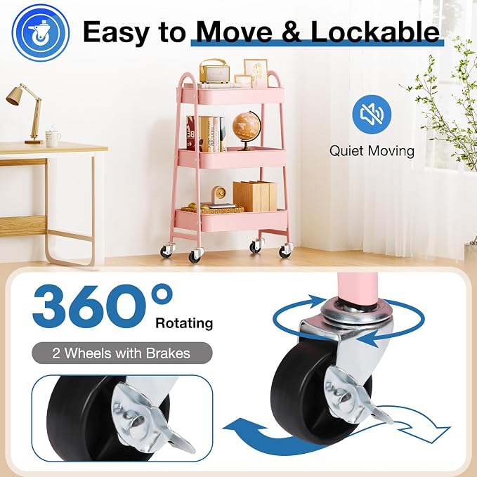 DUMOS 3 Tiers Rolling Cart, Utility Cart, Metal, Pink | Mobile Storage, Lockable Wheels, Utility Shelving Unit, Kitchen, Bathroom, Laundry, Narrow Places