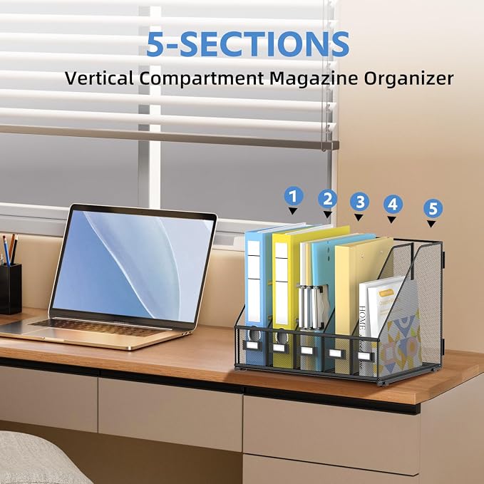 5 Vertical Compartments Magazine File Holder, Metal Binder Organizer, Black | Space-Saving Desktop Storage, Built-In Label Holders, Anti-Slip Feet, Sized for Binders, Folders, Magazines and Files