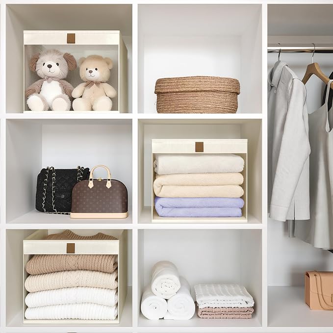 Linen Closet Organizers and Storage, Closet Storage Bins Basket Organizer, Foldable Organization Baskets with Mesh Window for Clothes Towels and Toys, 14.5" x 14.5" x 10.25", Beige, 2 pack