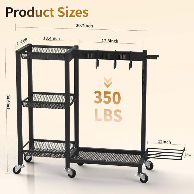 Broom Holder with Cleaning Supplies Organizer Load 350 LBS Cleaning Cart with Wheels Broom Closet Storage with 3-Tier Shelves, 6 Mop Hanger Grippers, 3 Double-Hooks, Vacuum Stand for Laundry Garage