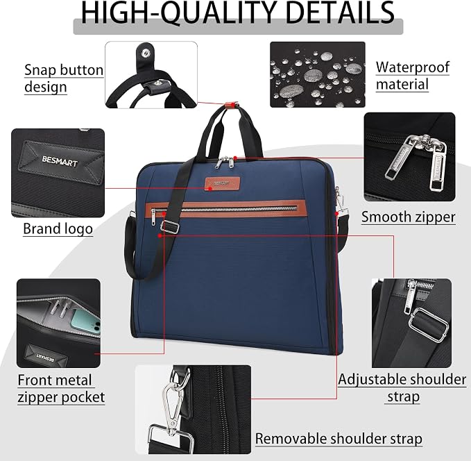 BESMART Garment Bags for Travel, 51" Large Suit Bag for Business Trips | Waterproof,Hangs 3 Suits,Foldable,Wrinkle Free Spacious Luggage Suit Cover,Adjustable Strap,Carry On Flight Approved,Blue