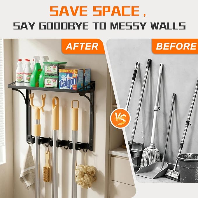 Broom Holder Wall Mount with Cleaning Supplies Organizer, Laundry Room Shelves with Mop Hanger Rack Gripper Hooks and Vacuum Organizer, Broom and Mop Organizer Wall Hanging for Home Garage Kitchen